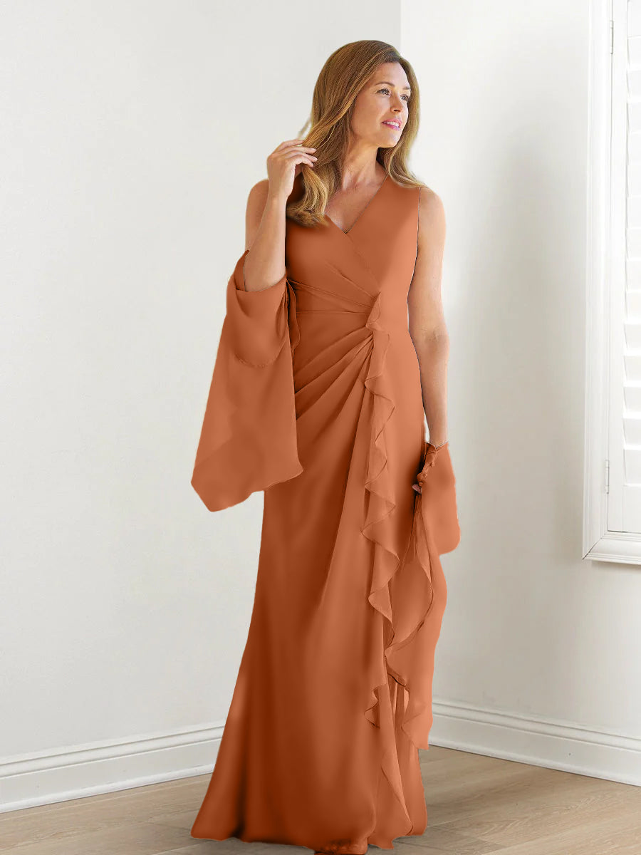 V Neck Sleeveless Long Mother of the Bride Gown with Wraps & Ruffles