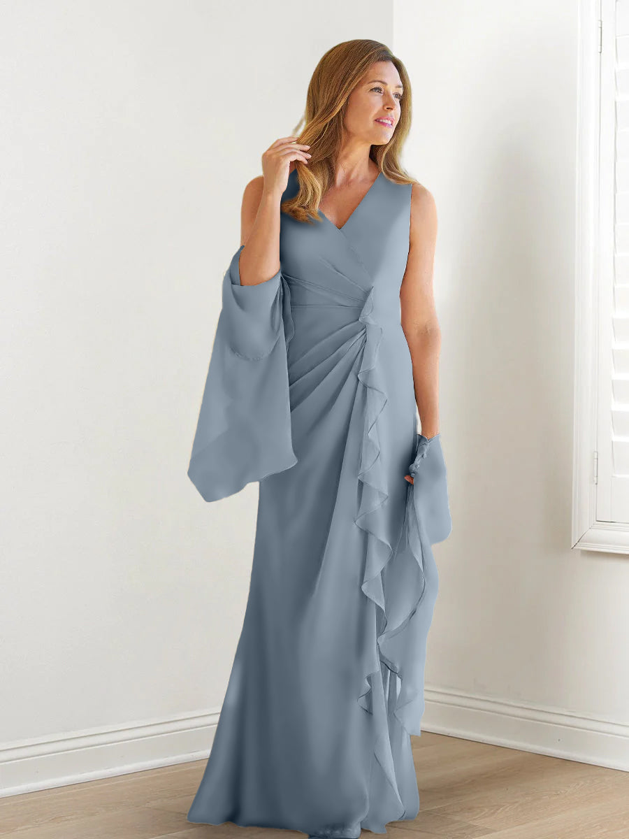 V Neck Sleeveless Long Mother of the Bride Gown with Wraps & Ruffles