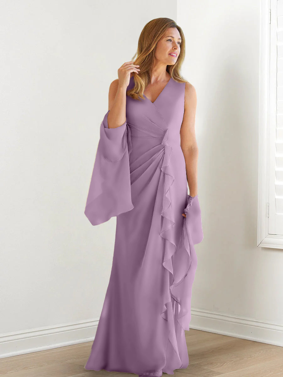 V Neck Sleeveless Long Mother of the Bride Gown with Wraps & Ruffles