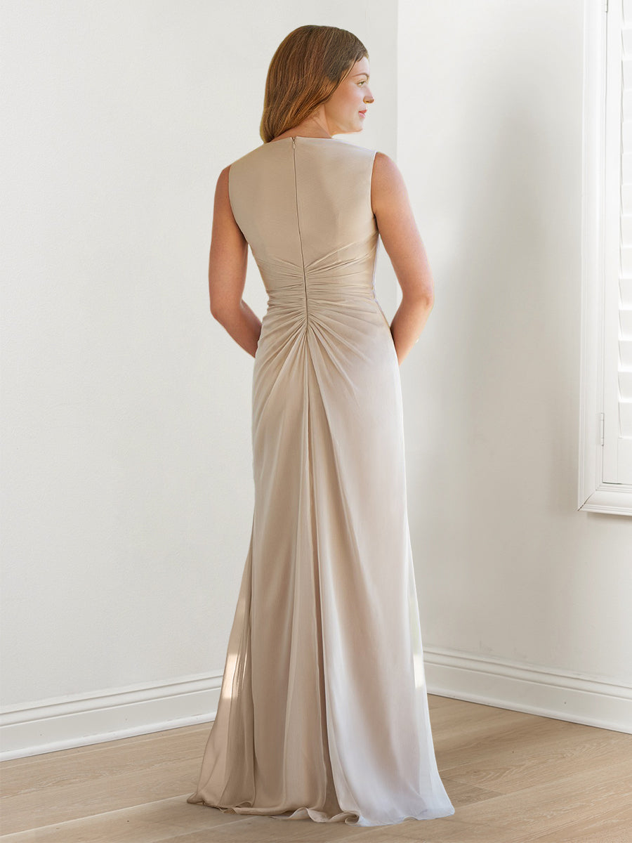V Neck Sleeveless Long Mother of the Bride Gown with Wraps & Ruffles