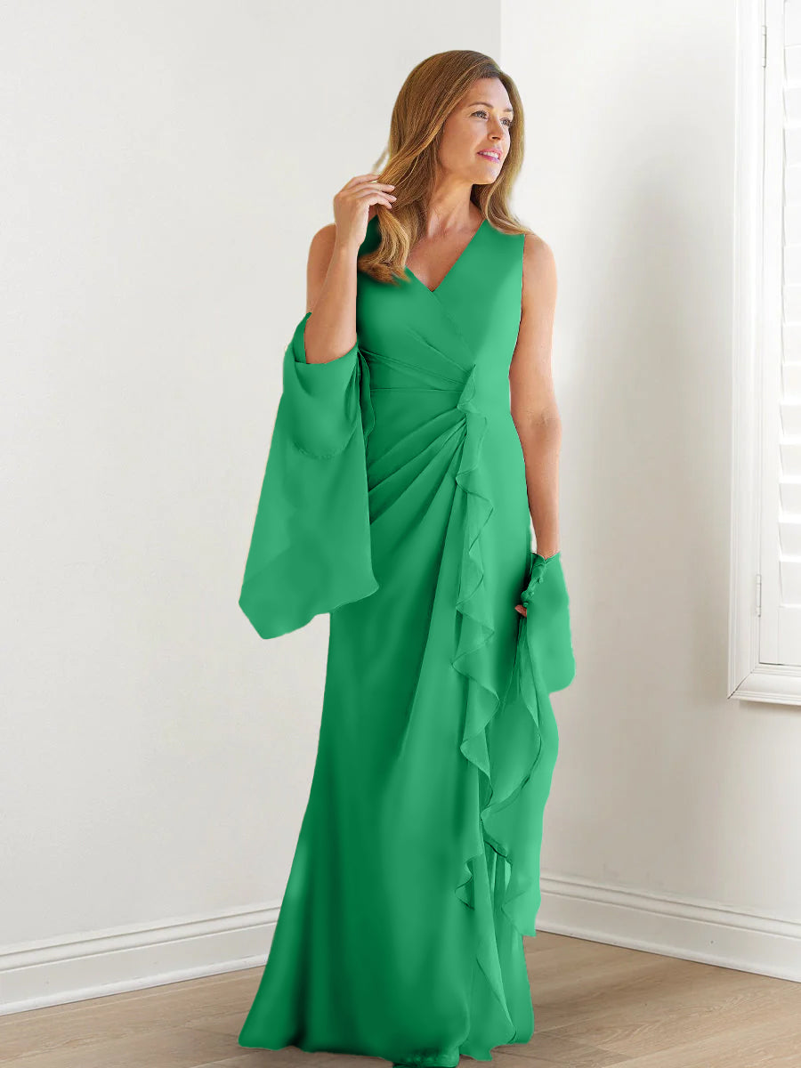 V Neck Sleeveless Long Mother of the Bride Gown with Wraps & Ruffles