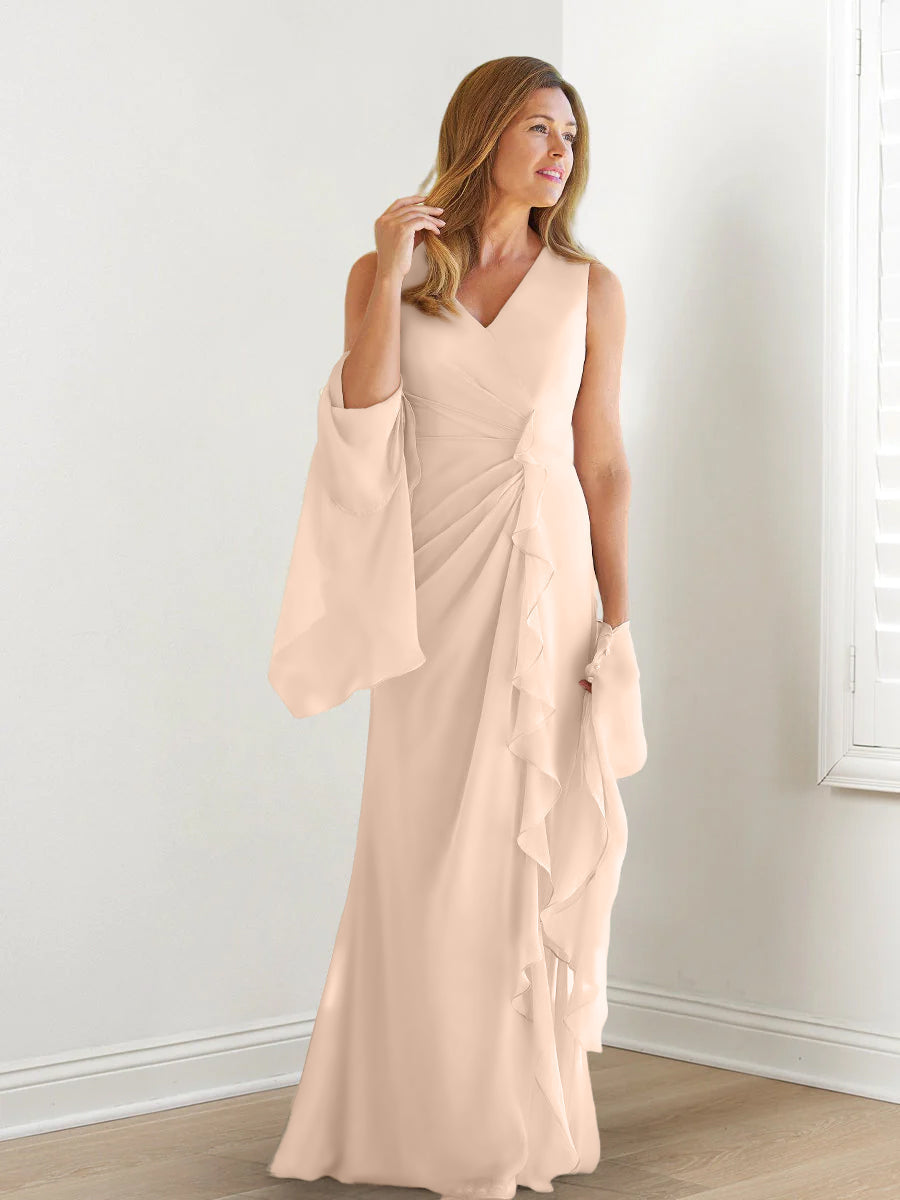 V Neck Sleeveless Long Mother of the Bride Gown with Wraps & Ruffles