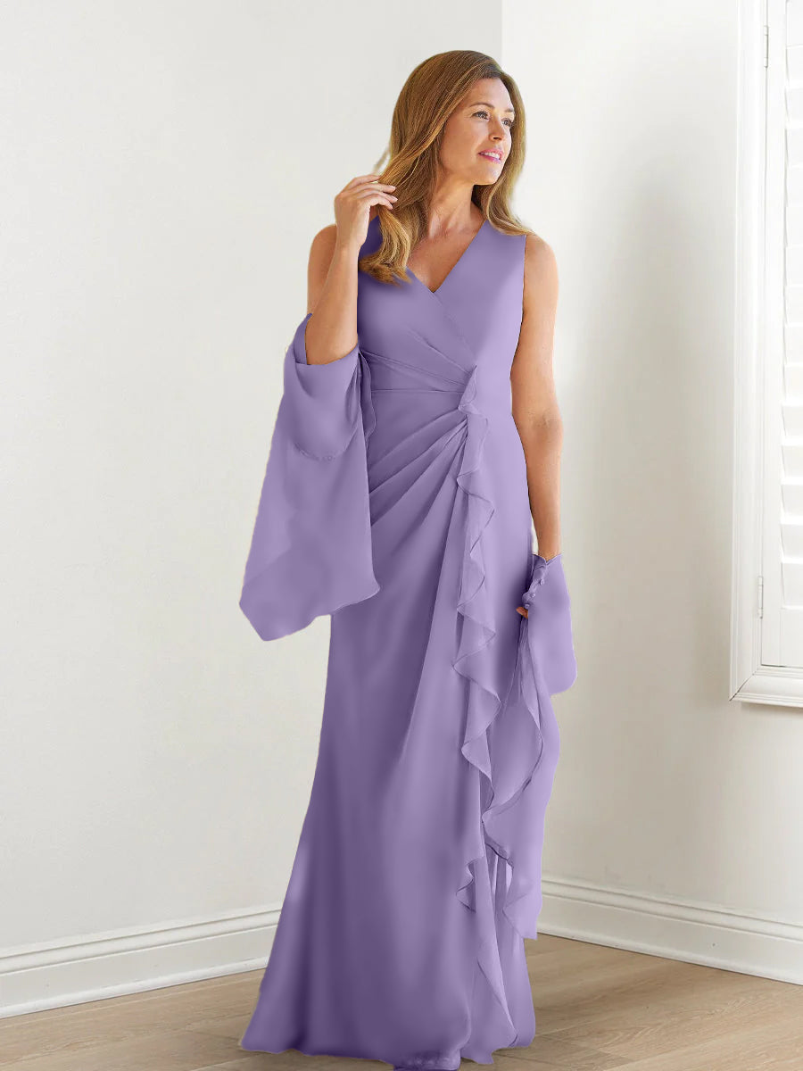 V Neck Sleeveless Long Mother of the Bride Gown with Wraps & Ruffles