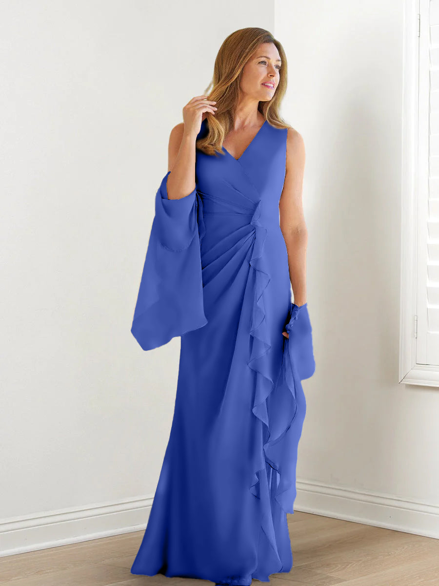 V Neck Sleeveless Long Mother of the Bride Gown with Wraps & Ruffles