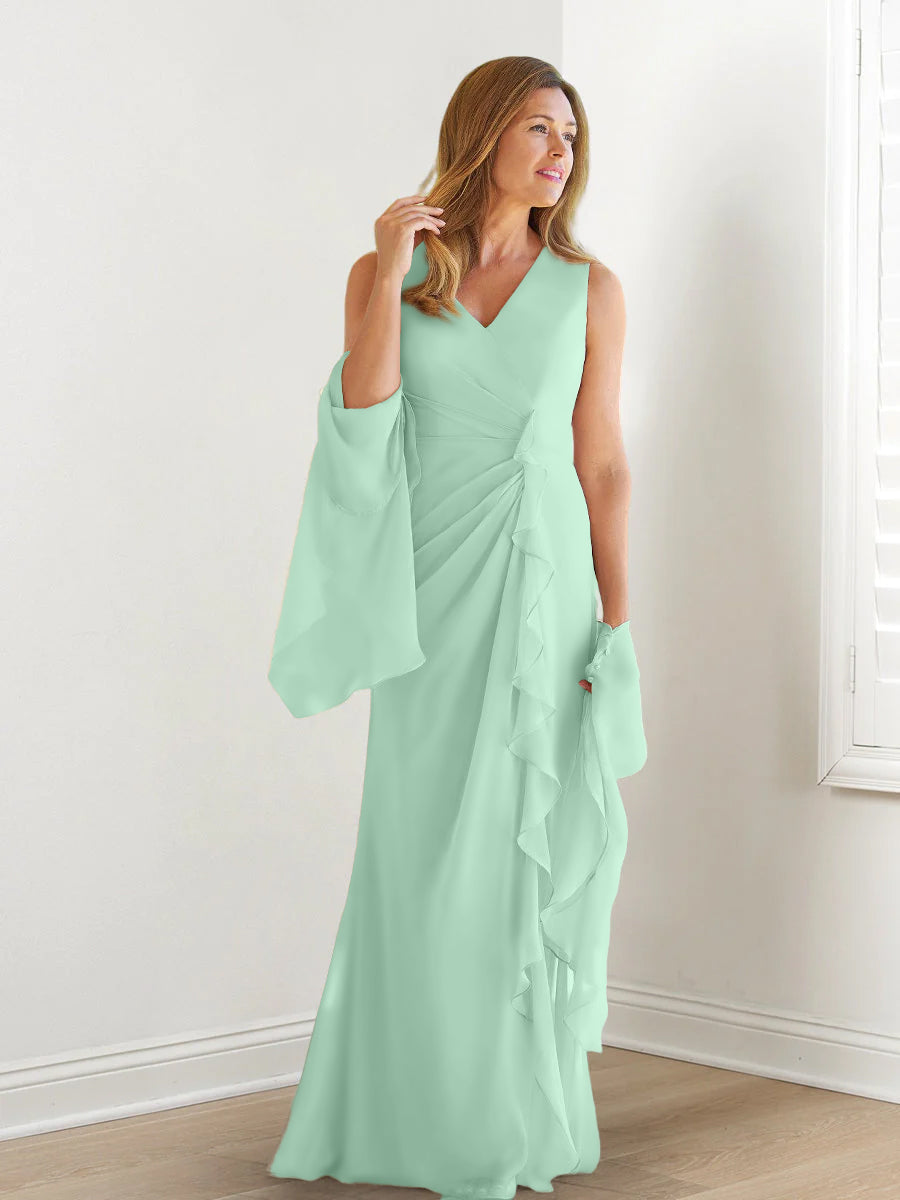 V Neck Sleeveless Long Mother of the Bride Gown with Wraps & Ruffles