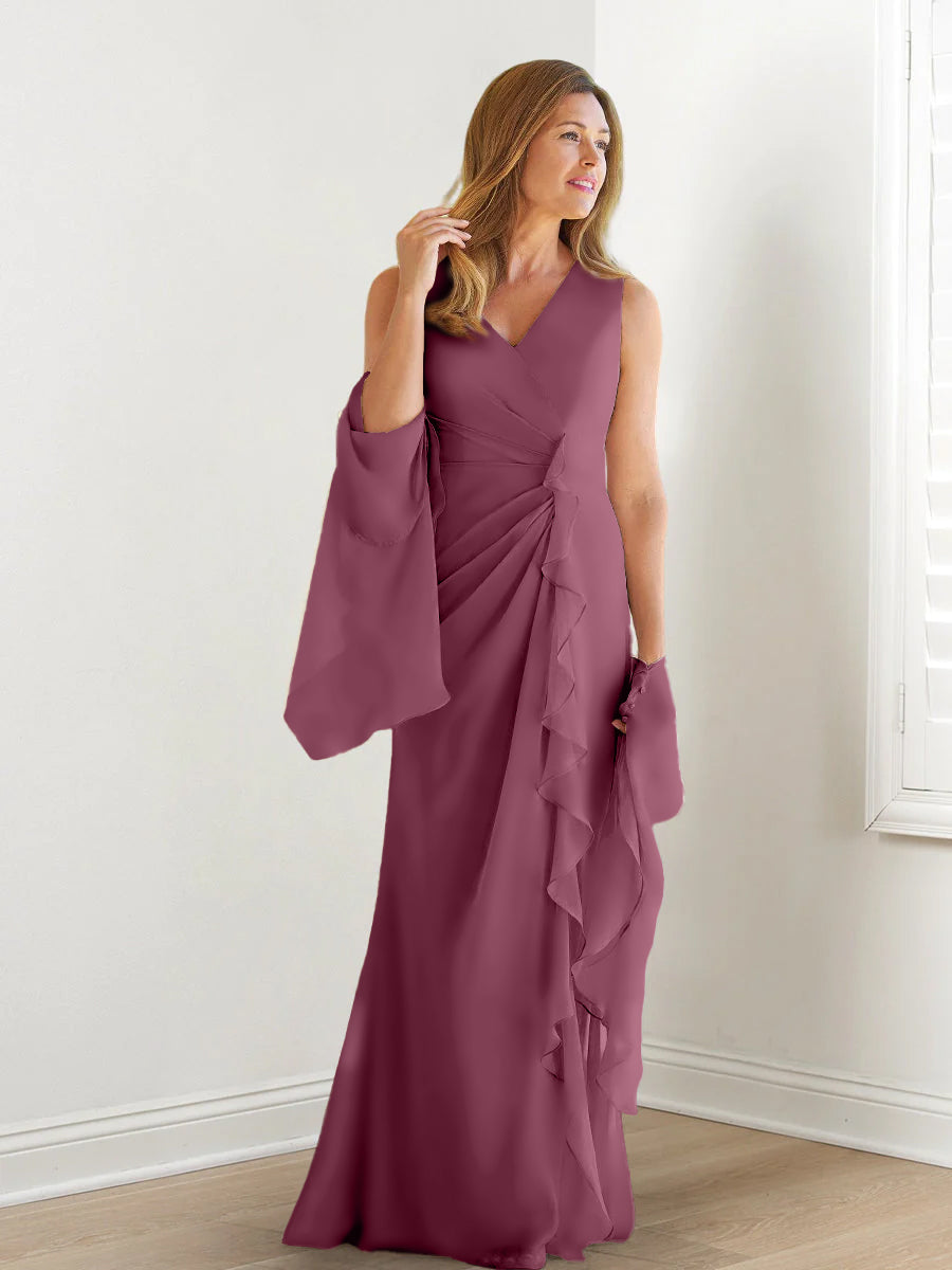 V Neck Sleeveless Long Mother of the Bride Gown with Wraps & Ruffles