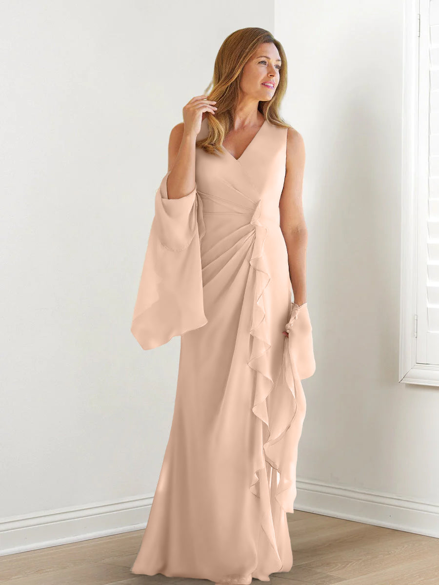 V Neck Sleeveless Long Mother of the Bride Gown with Wraps & Ruffles