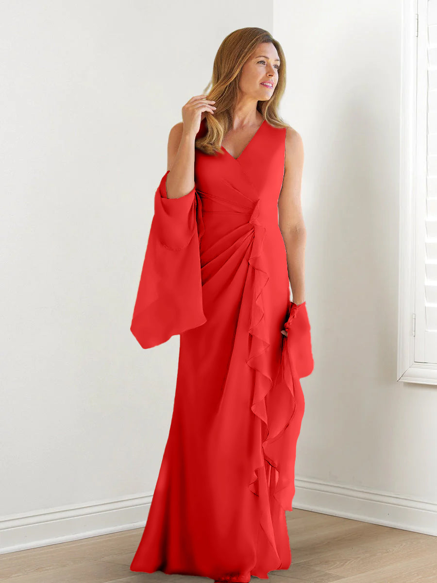 V Neck Sleeveless Long Mother of the Bride Gown with Wraps & Ruffles