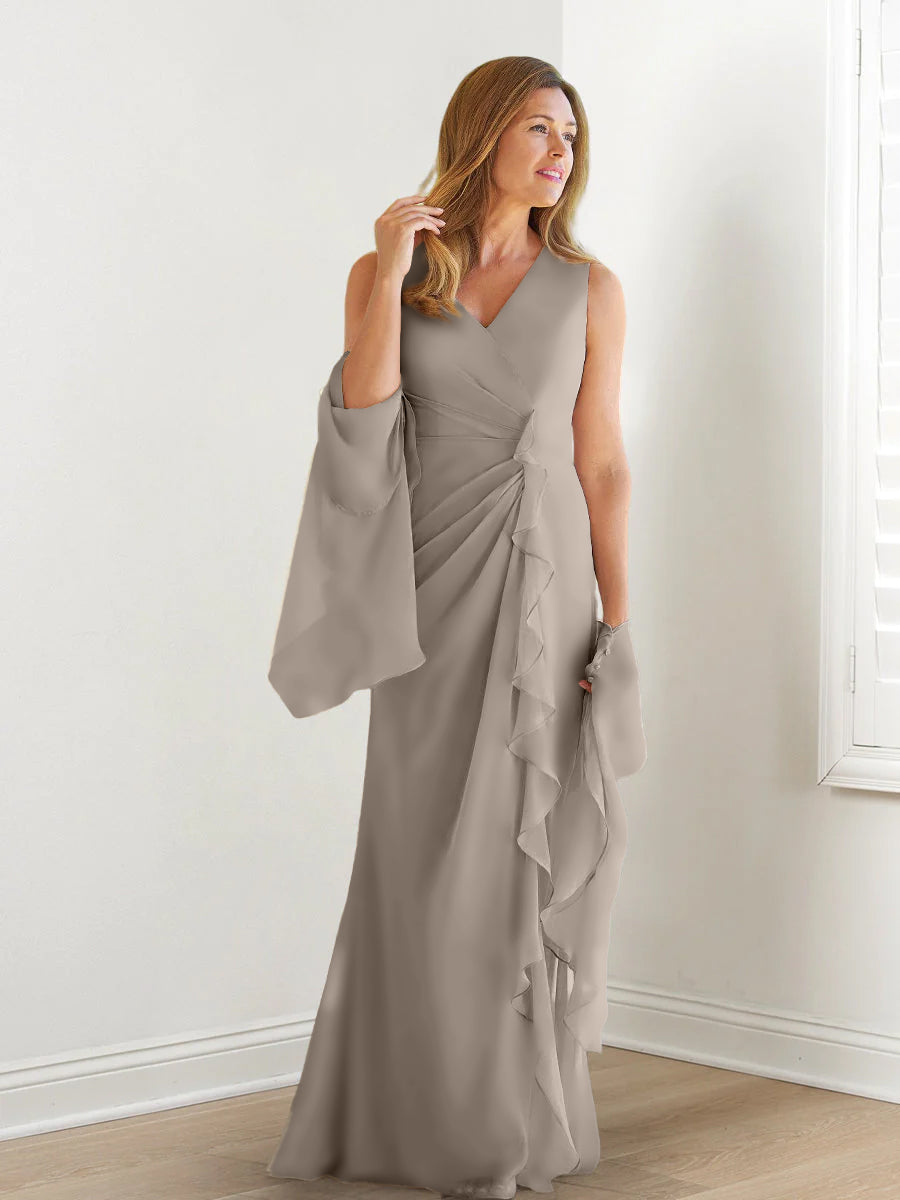 V Neck Sleeveless Long Mother of the Bride Gown with Wraps & Ruffles