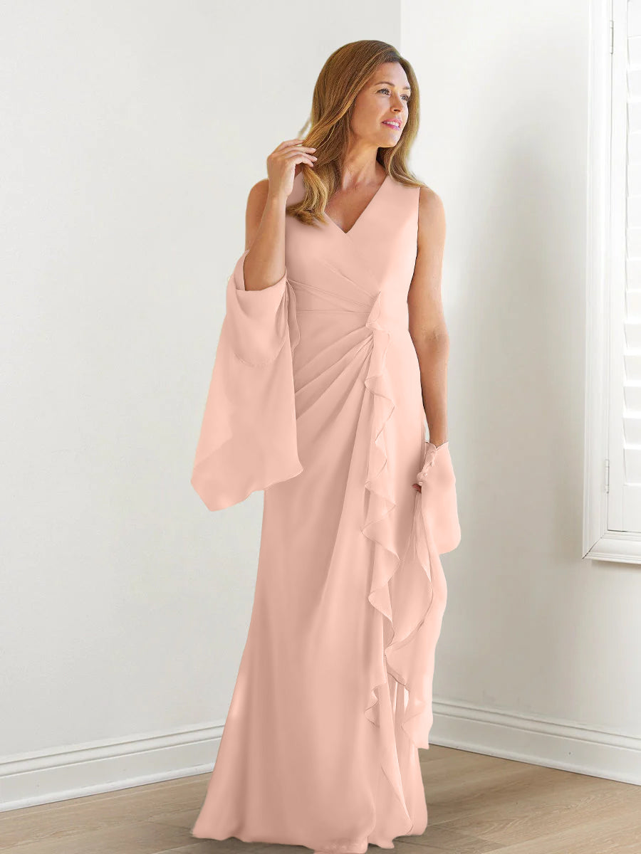 V Neck Sleeveless Long Mother of the Bride Gown with Wraps & Ruffles