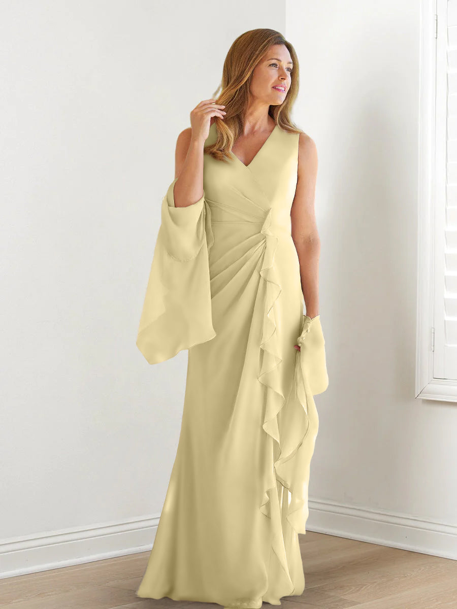 V Neck Sleeveless Long Mother of the Bride Gown with Wraps & Ruffles