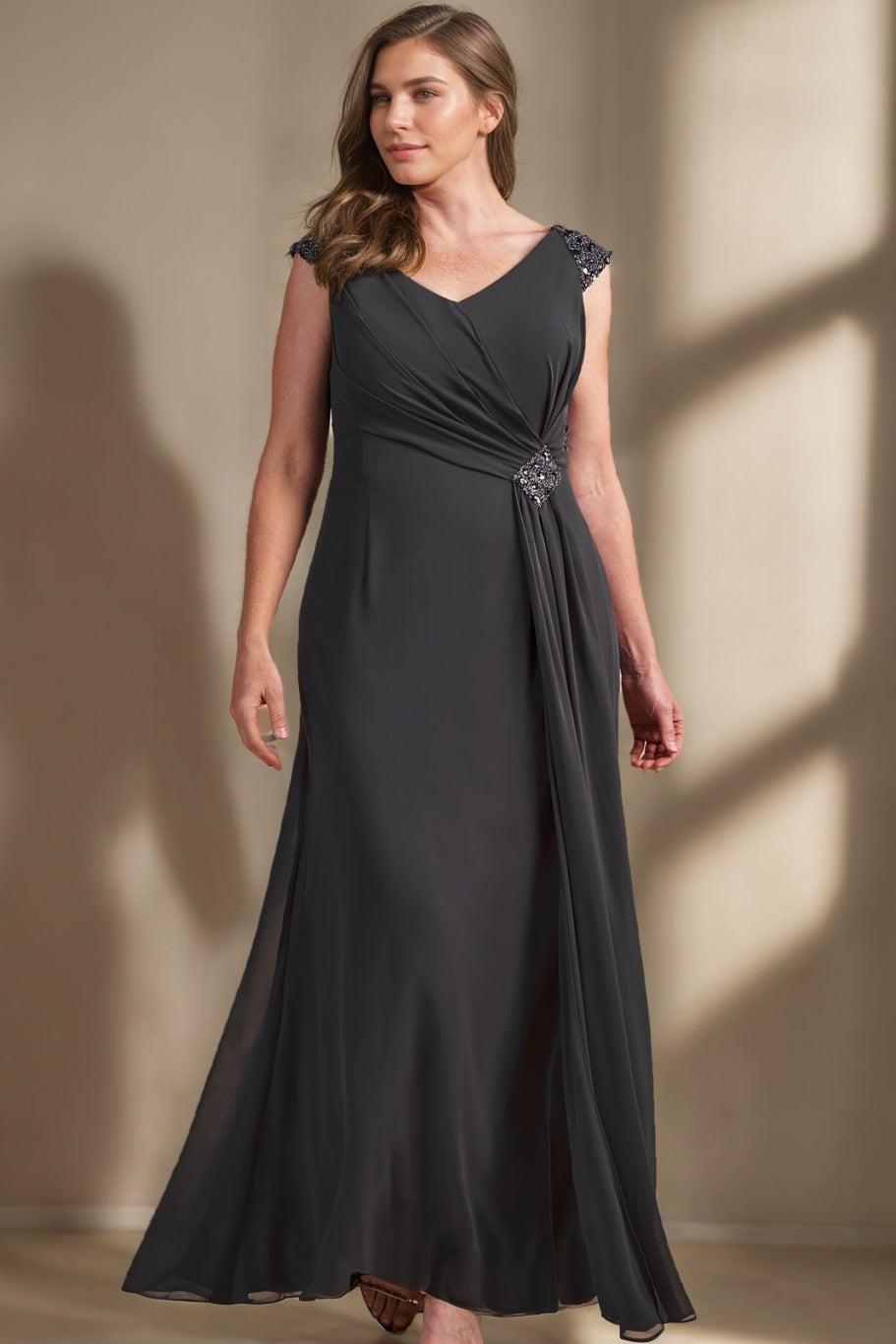 V Neck Sleeveless Plus Size A Line Long Mother of the Bride Dress with Sequins and Ruffles