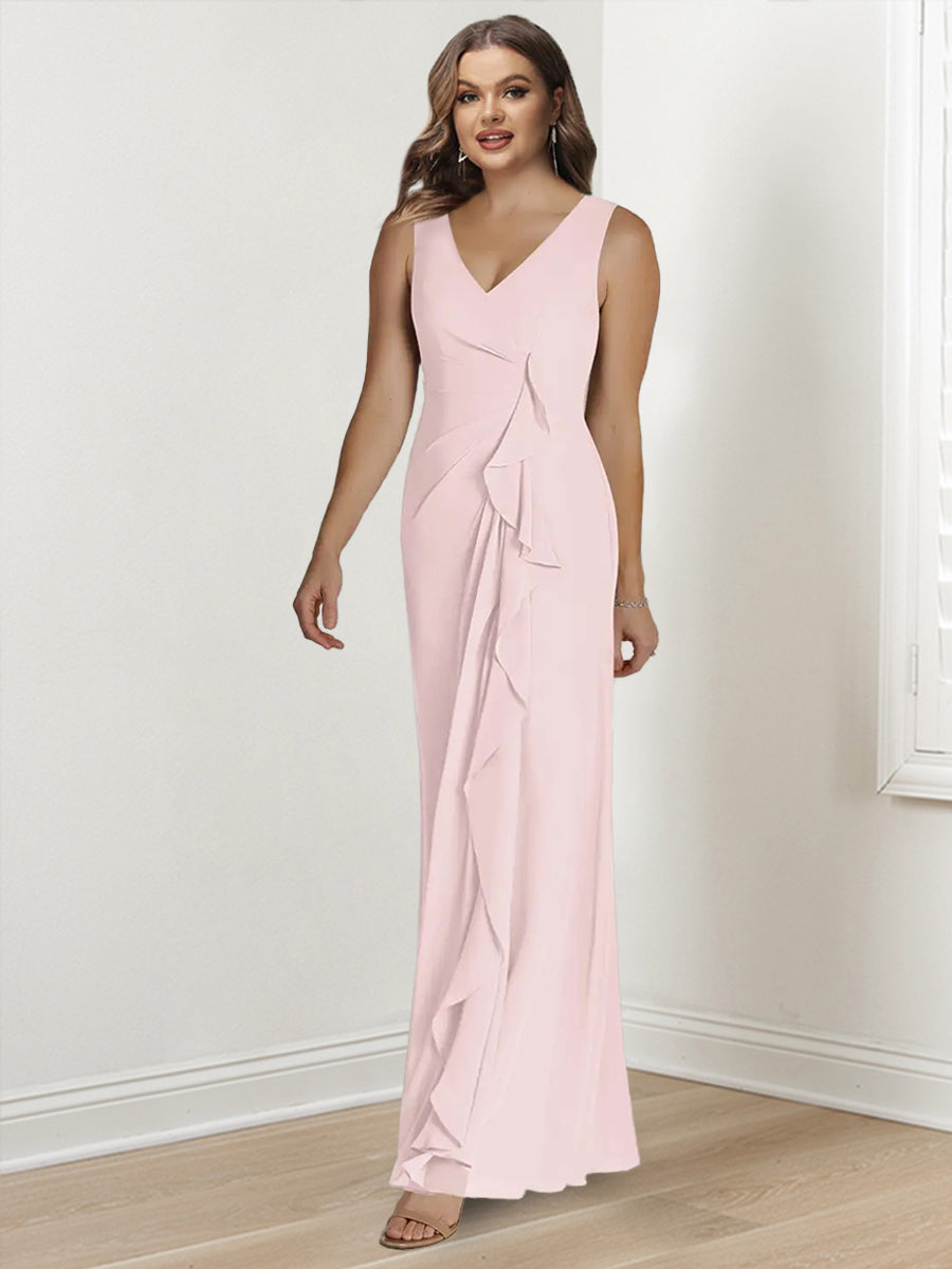V Neck Sleeveless Plus Size Long Mother of the Bride Sheath Dress with Wrap