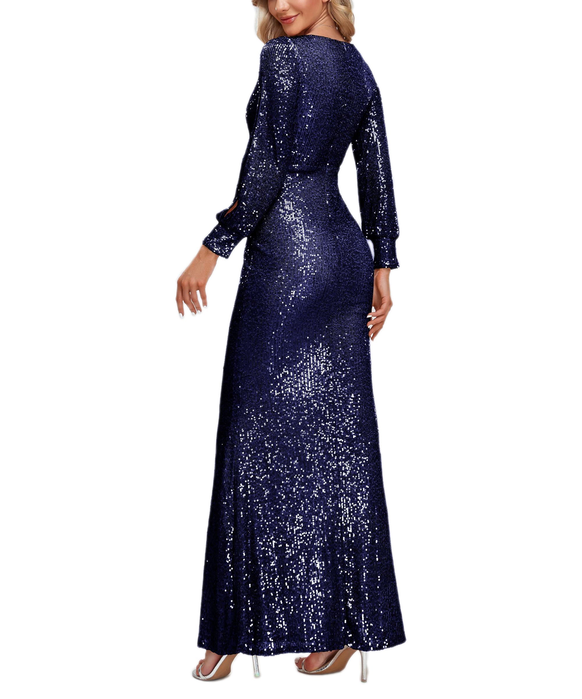 V Neck Split Long Sleeve Shinning Sequins Dress