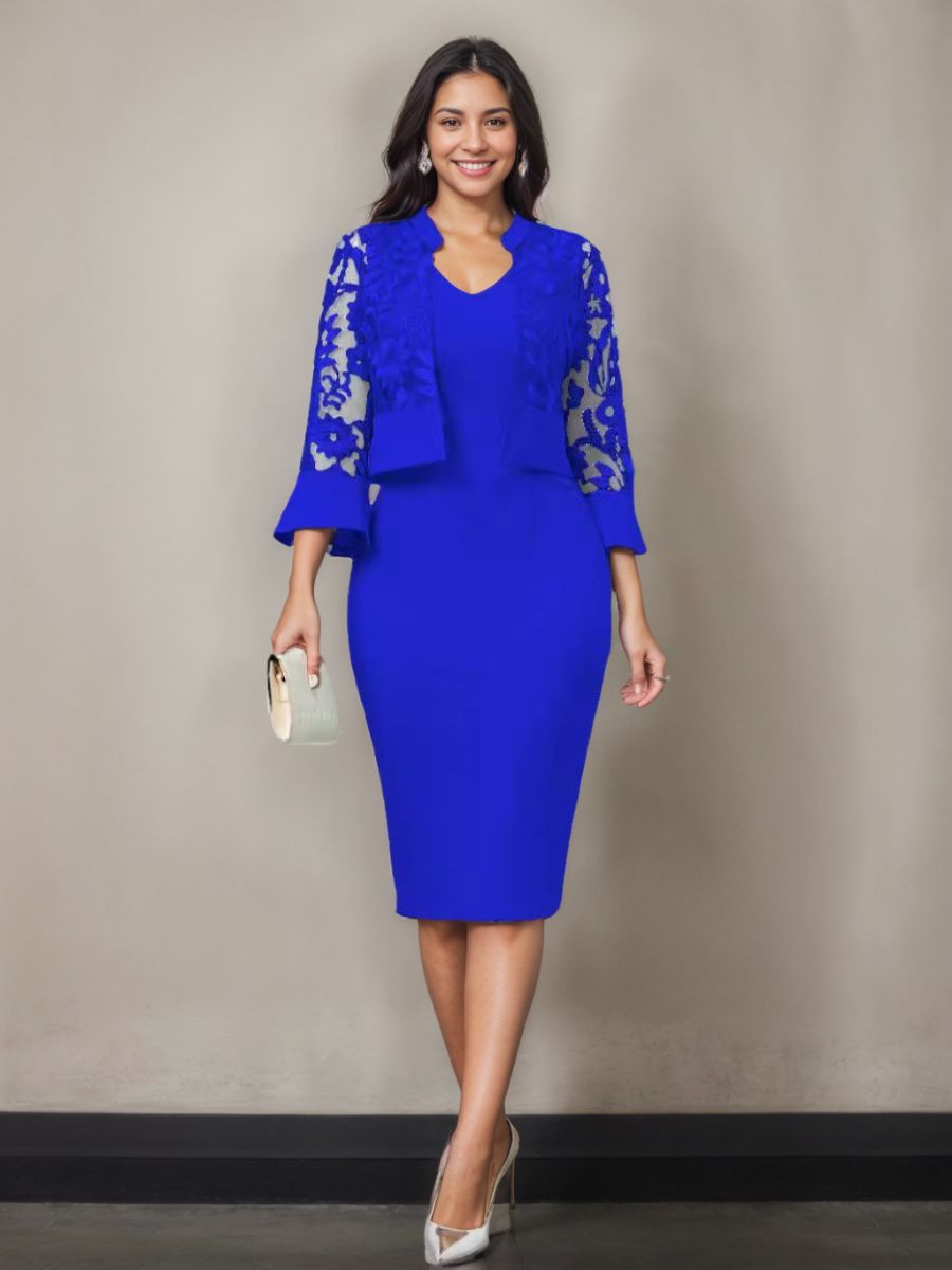 V Neck Tea Length Mother of the Bride Sheath Column Dress with Appliques and Jacket