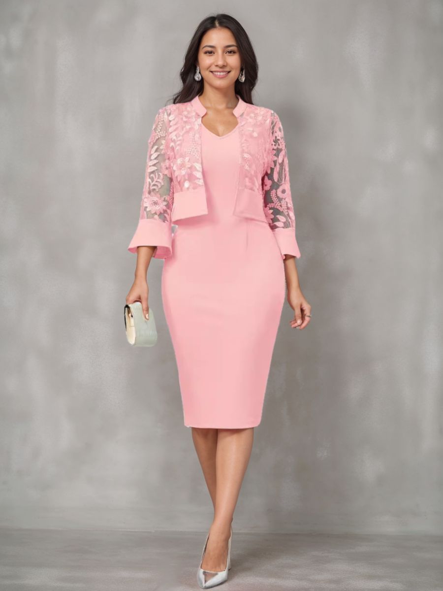 V Neck Tea Length Mother of the Bride Sheath Column Dress with Appliques and Jacket