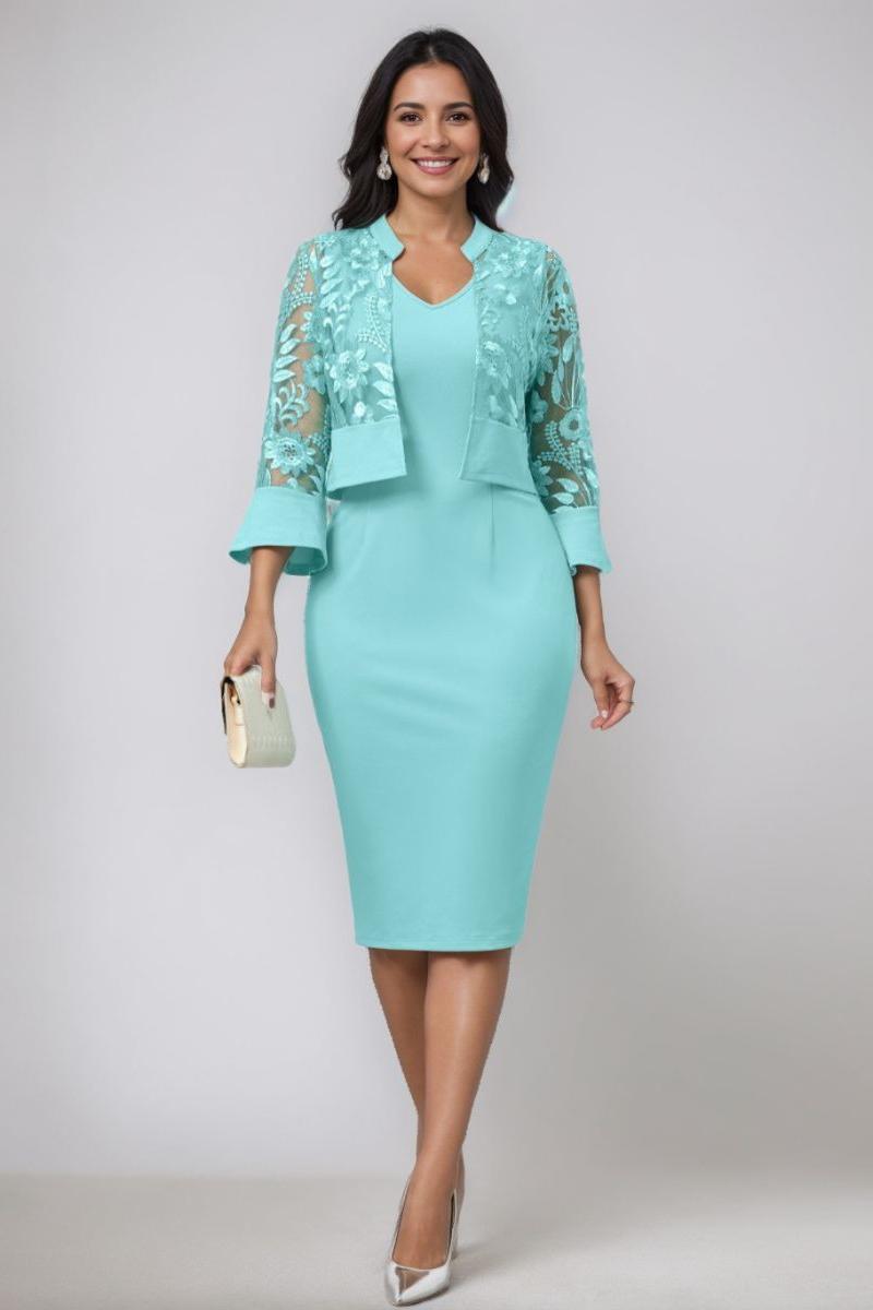 V Neck Tea Length Mother of the Bride Sheath Column Dress with Appliques and Jacket