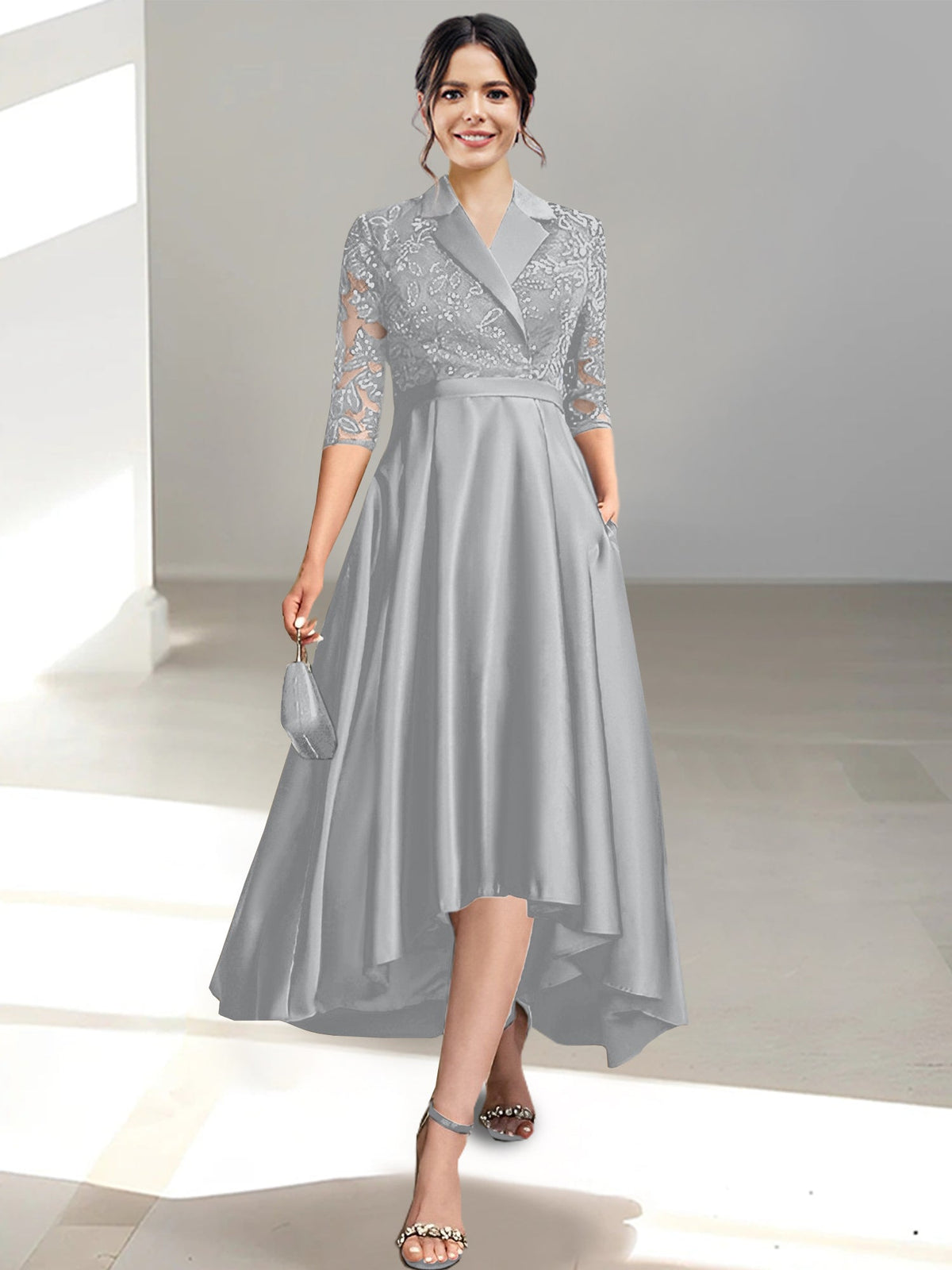 V Neck Tea Length Sheath Column Dress for the Mother of the Bride