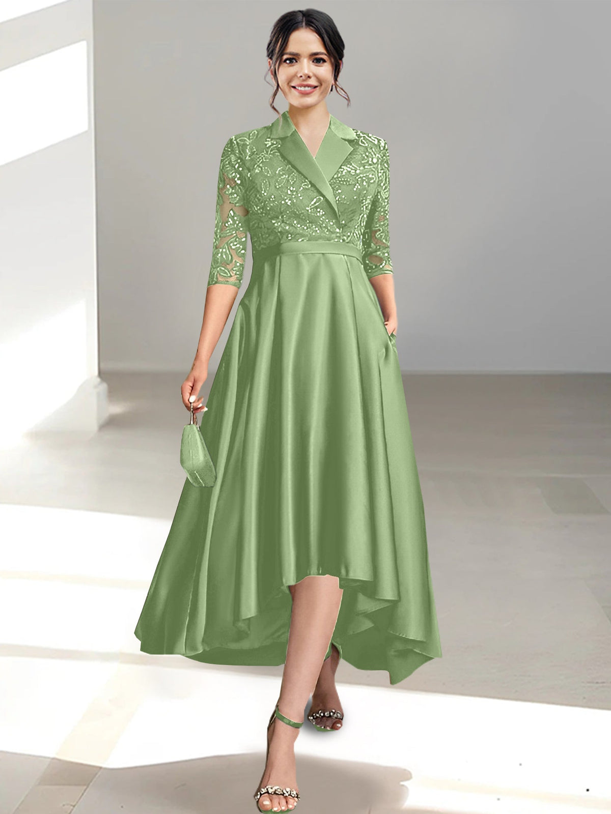 V Neck Tea Length Sheath Column Dress for the Mother of the Bride