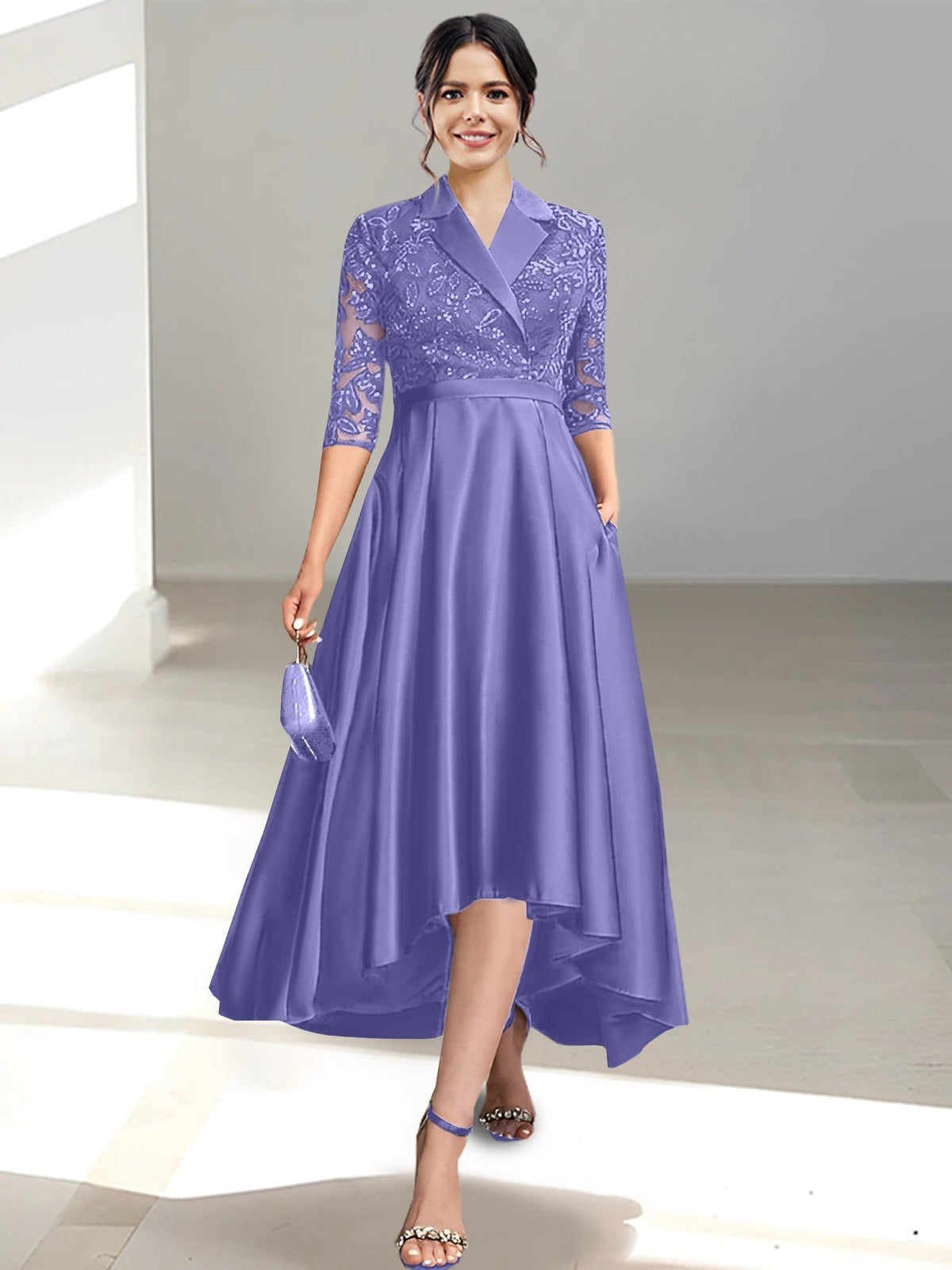 V Neck Tea Length Sheath Column Dress for the Mother of the Bride