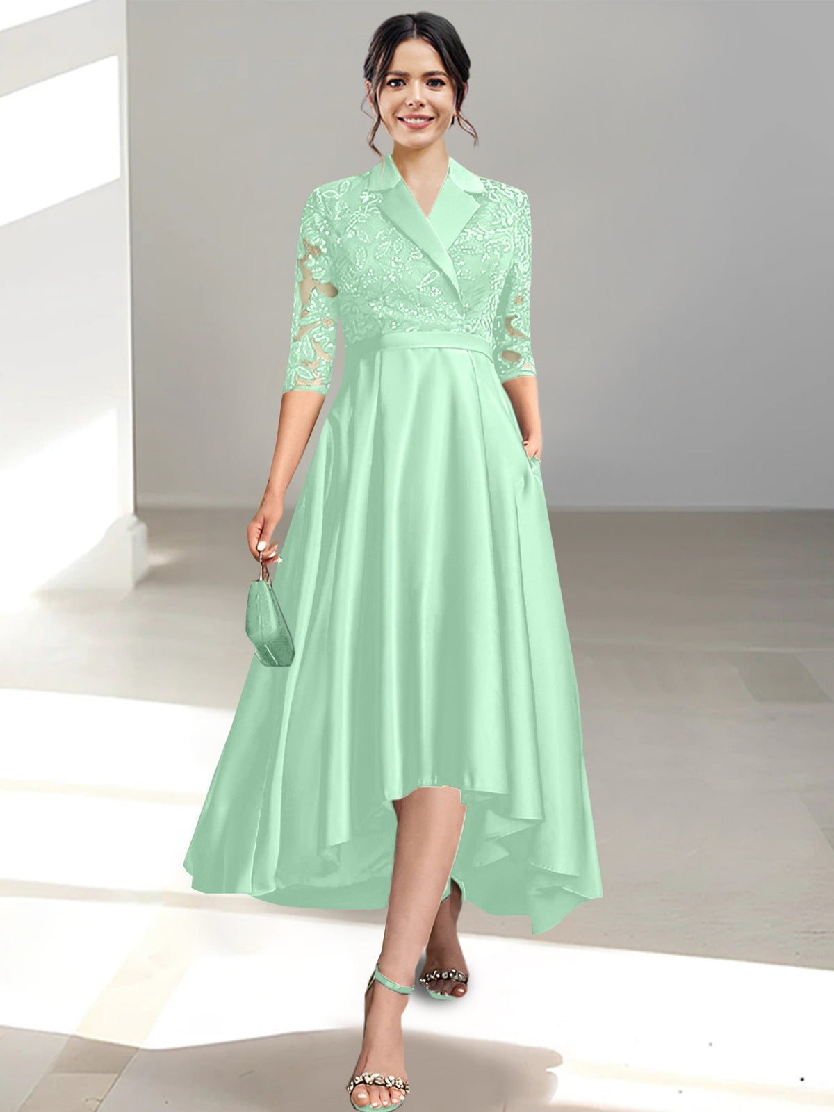 V Neck Tea Length Sheath Column Dress for the Mother of the Bride
