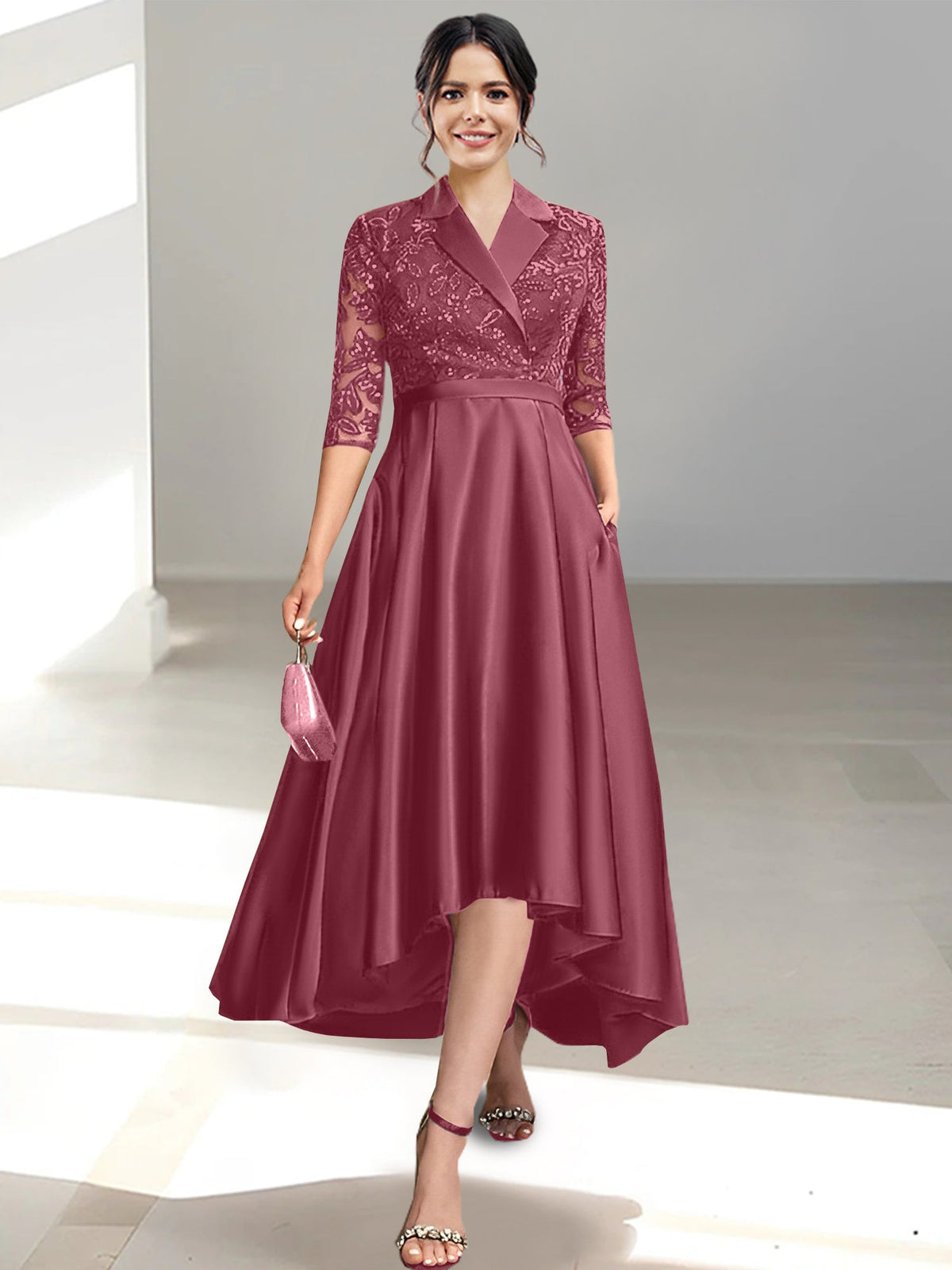 V Neck Tea Length Sheath Column Dress for the Mother of the Bride