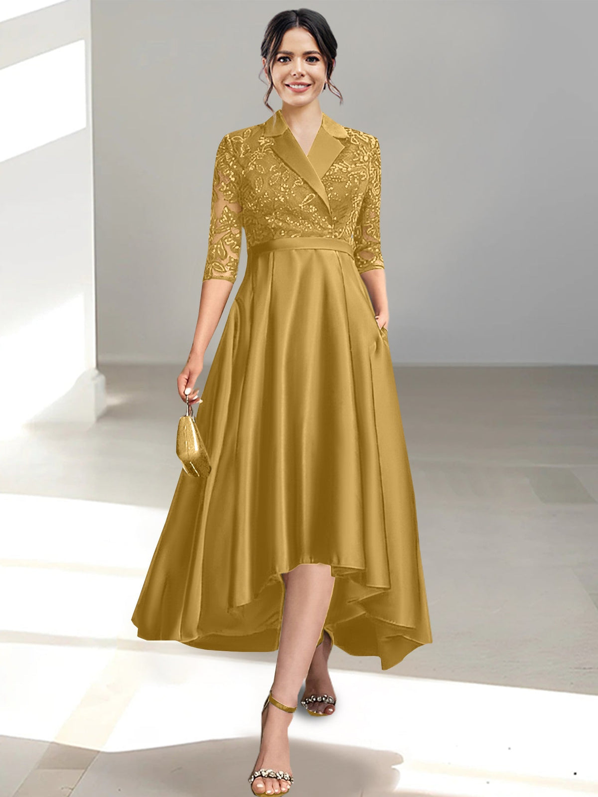 V Neck Tea Length Sheath Column Dress for the Mother of the Bride