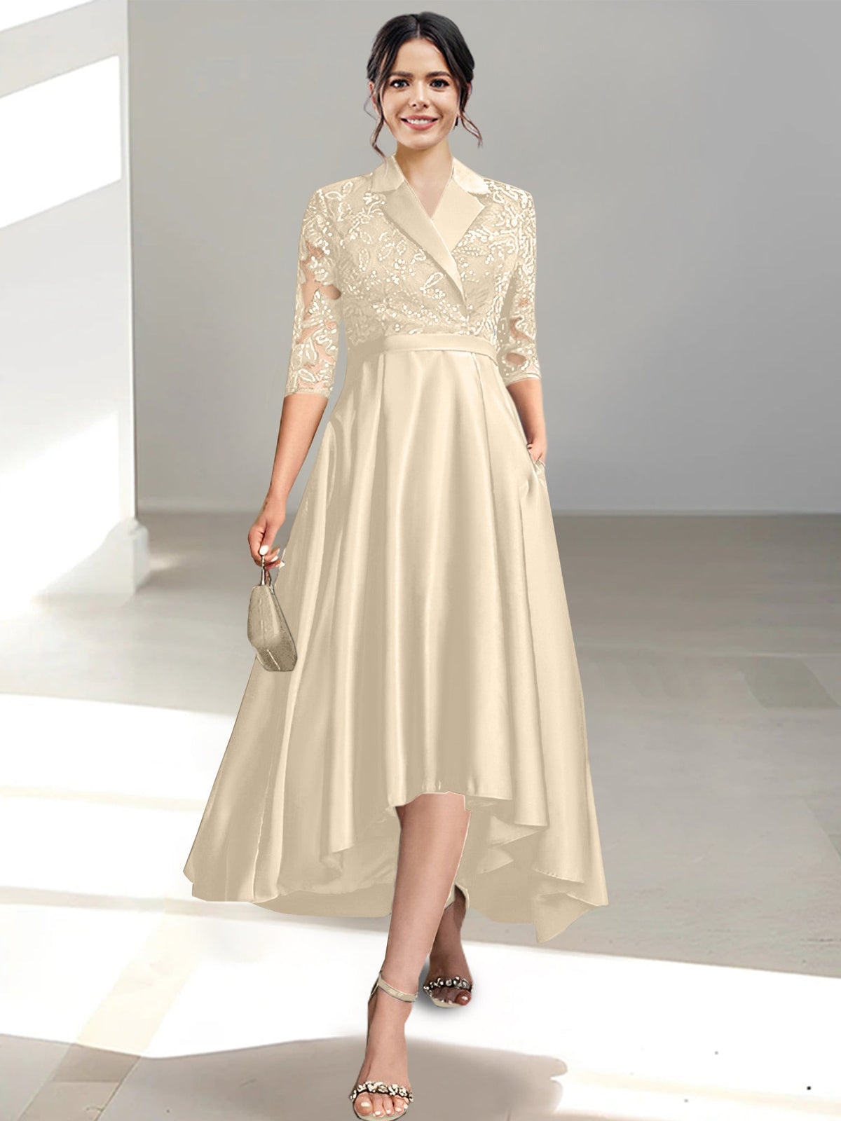 V Neck Tea Length Sheath Column Dress for the Mother of the Bride
