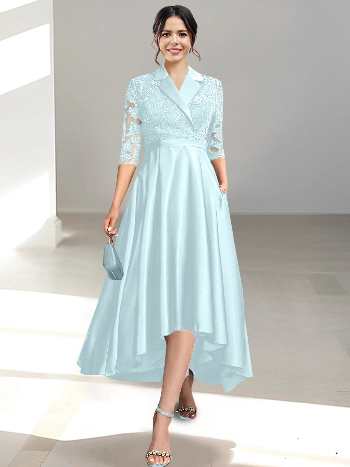 V Neck Tea Length Sheath Column Dress for the Mother of the Bride