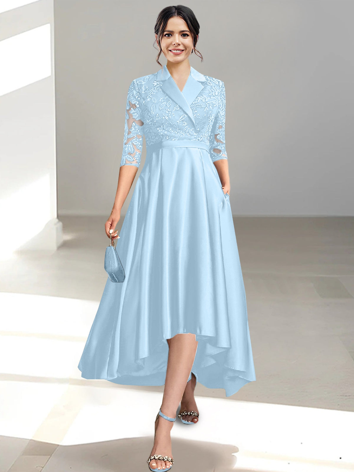 V Neck Tea Length Sheath Column Dress for the Mother of the Bride