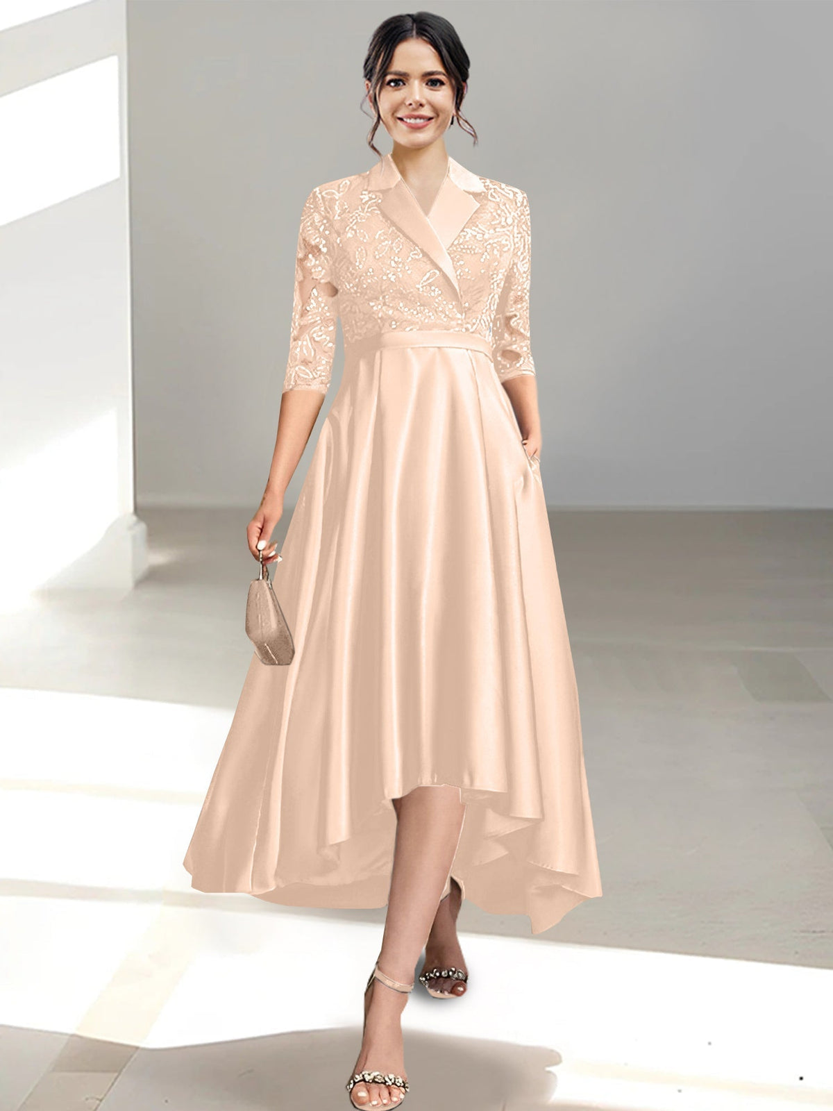 V Neck Tea Length Sheath Column Dress for the Mother of the Bride