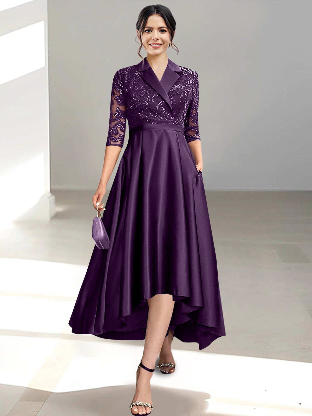 V Neck Tea Length Sheath Column Dress for the Mother of the Bride
