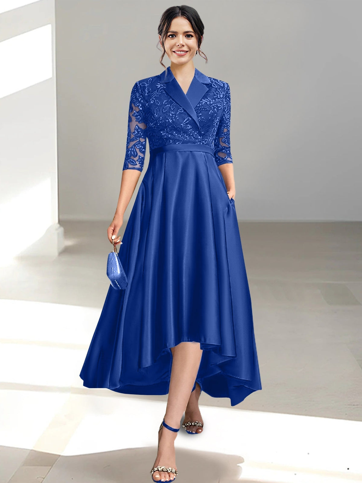 V Neck Tea Length Sheath Column Dress for the Mother of the Bride