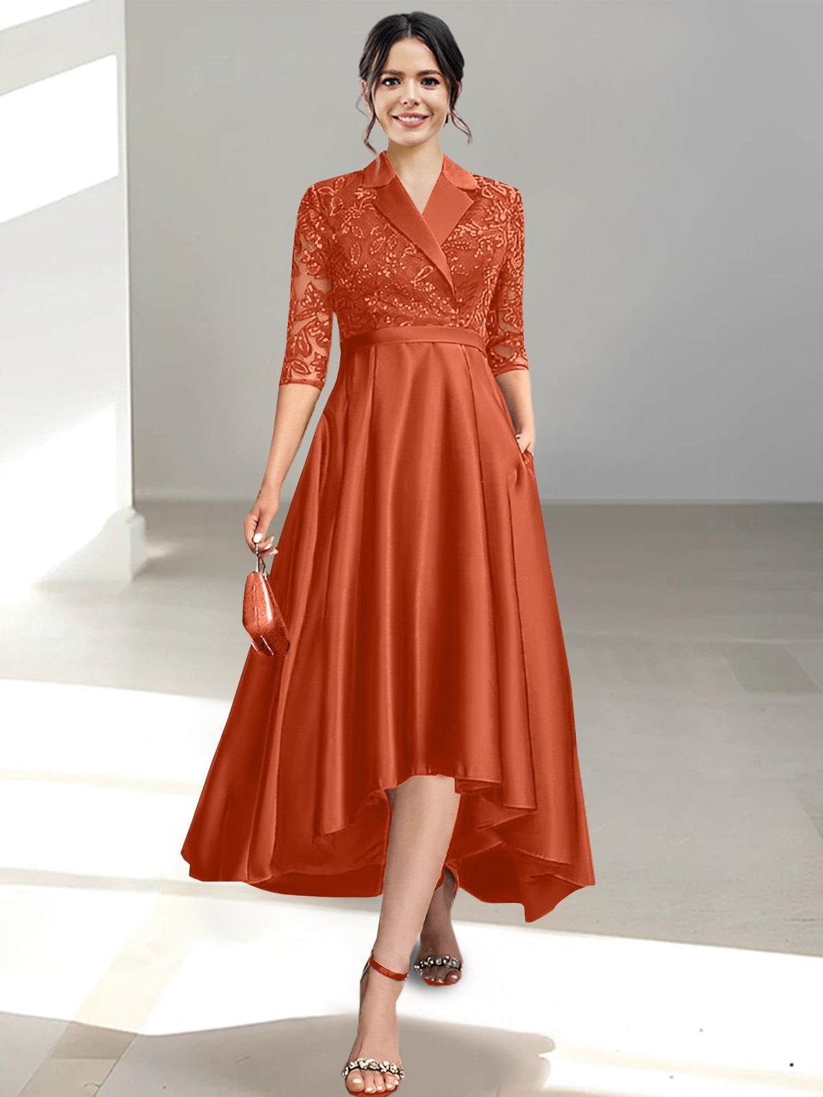 V Neck Tea Length Sheath Column Dress for the Mother of the Bride