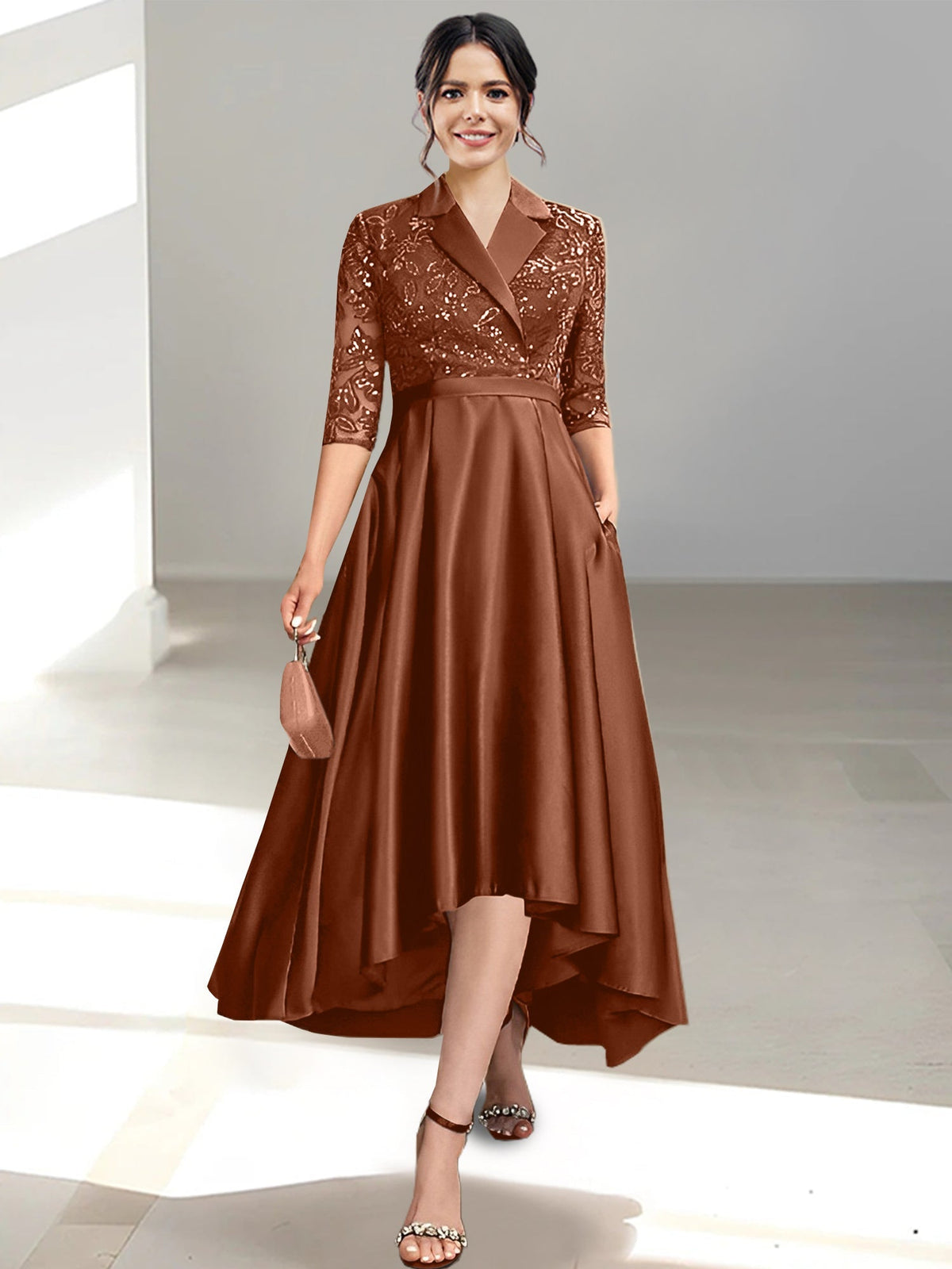 V Neck Tea Length Sheath Column Dress for the Mother of the Bride