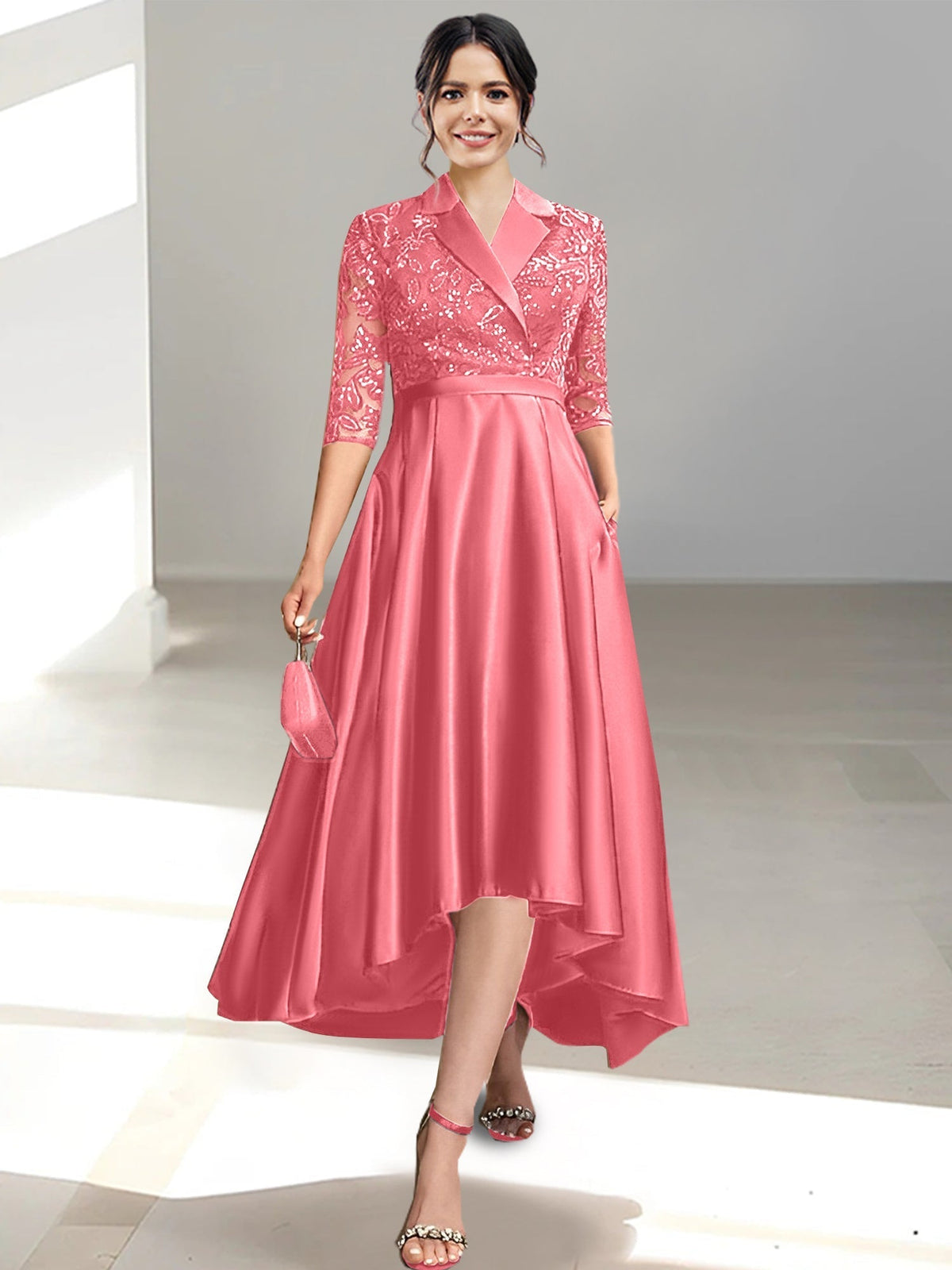 V Neck Tea Length Sheath Column Dress for the Mother of the Bride