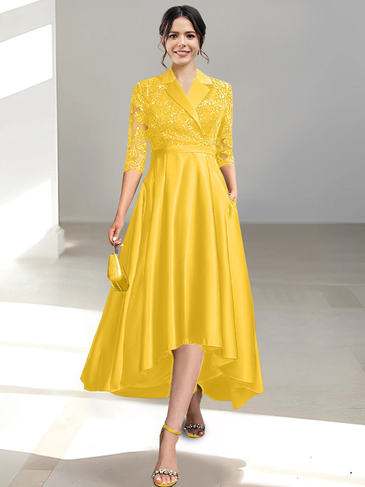 V Neck Tea Length Sheath Column Dress for the Mother of the Bride