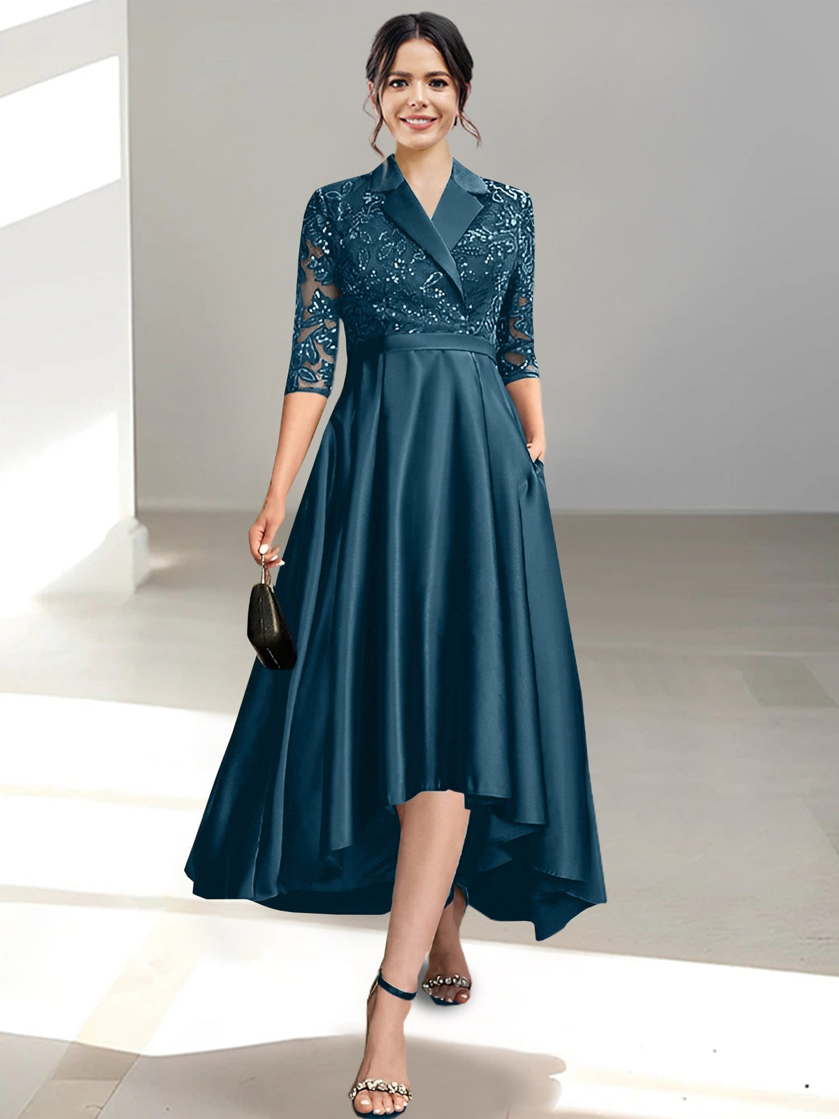 V Neck Tea Length Sheath Column Dress for the Mother of the Bride