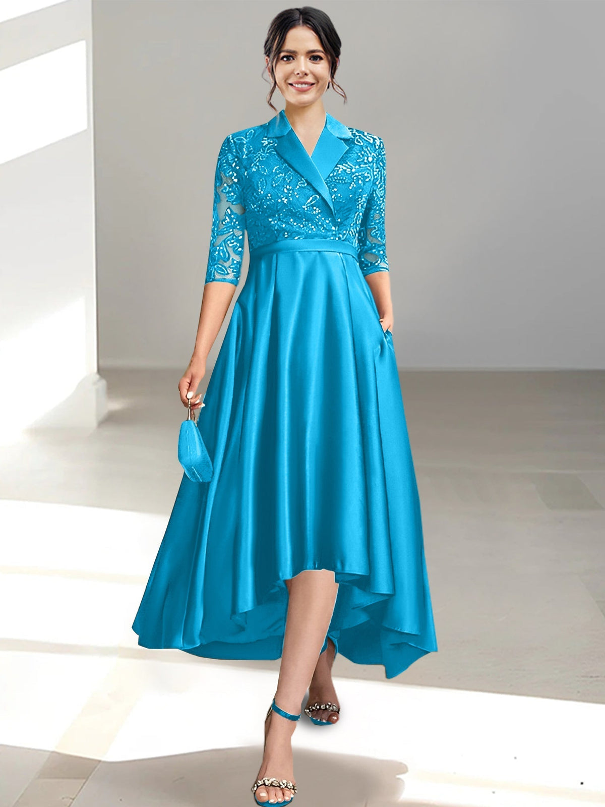 V Neck Tea Length Sheath Column Dress for the Mother of the Bride