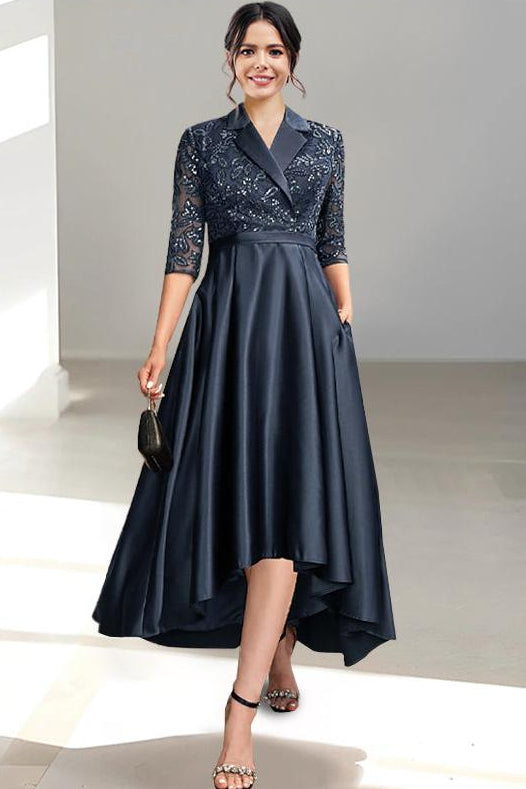 V Neck Tea Length Sheath Column Dress for the Mother of the Bride
