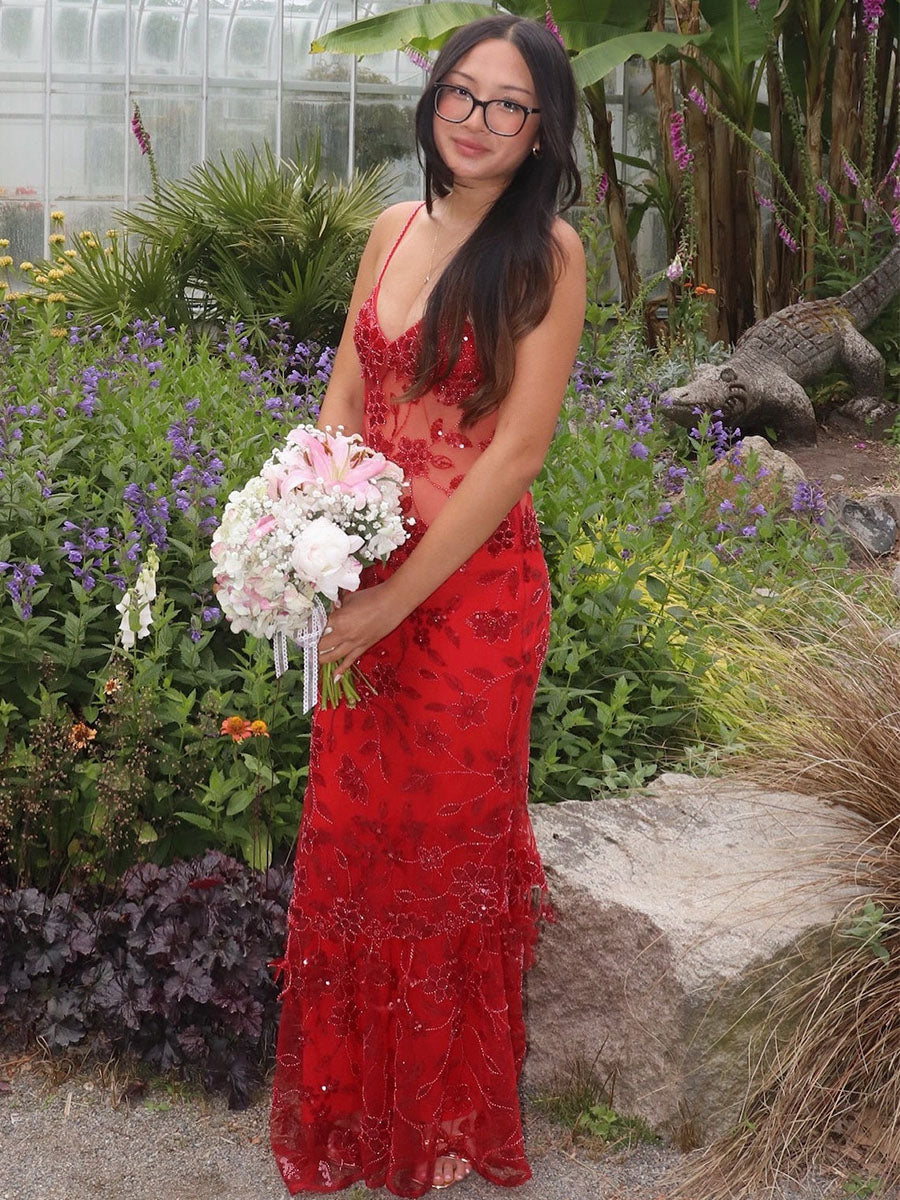 V-Neck Beaded Tiered Long Prom Dress - VelvetHem