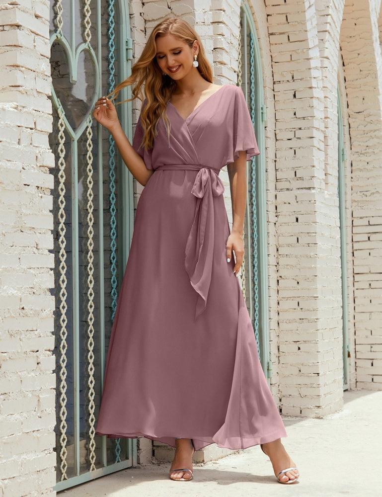 Numbersea V-Neck Bridesmaid Dress Long Formal Dresses with Belt for 28022 by numbersea