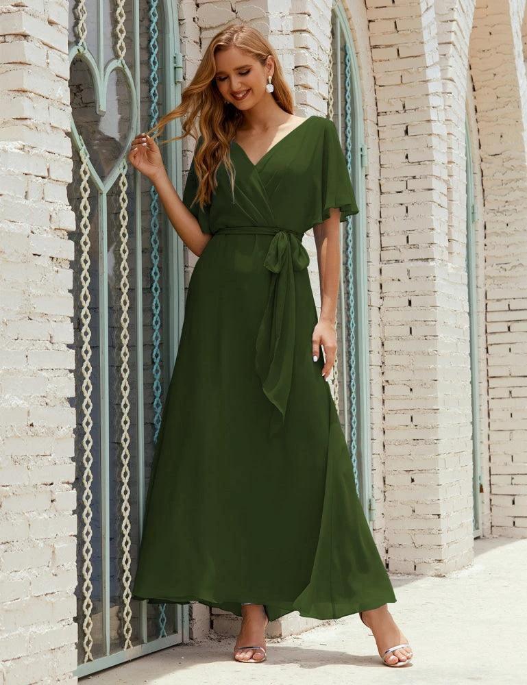 Numbersea V-Neck Bridesmaid Dress Long Formal Dresses with Belt for 28022 by numbersea