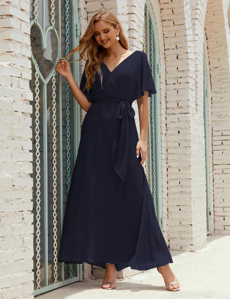 Numbersea V-Neck Bridesmaid Dress Long Formal Dresses with Belt for 28022 by numbersea