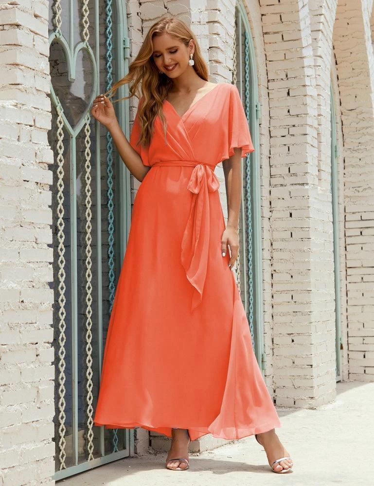 Numbersea V-Neck Bridesmaid Dress Long Formal Dresses with Belt for 28022 by numbersea