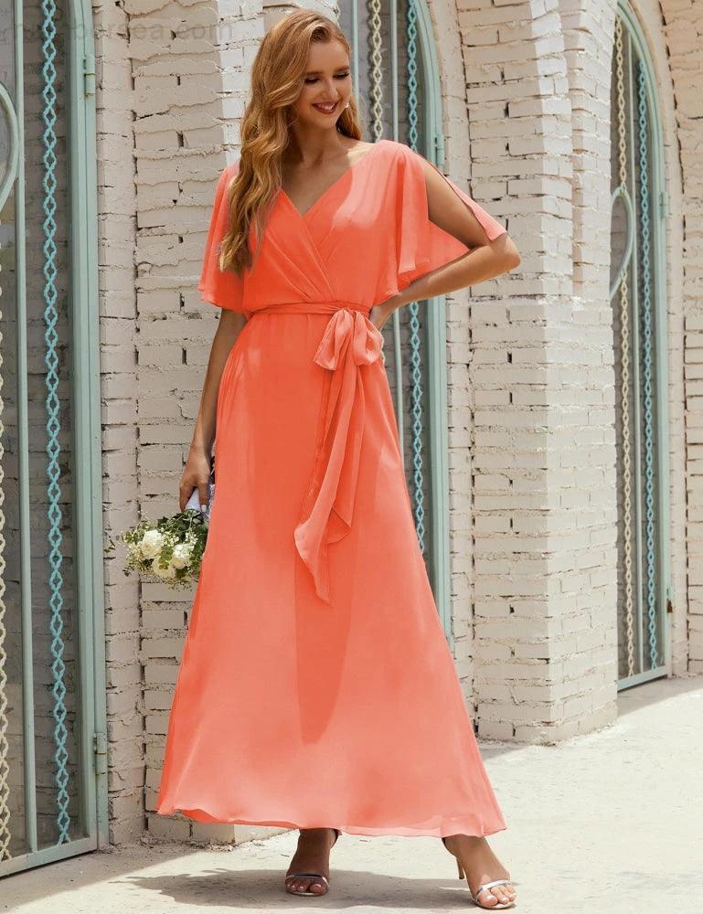 ZapDress V-Neck Bridesmaid Dress Long Formal Dresses with Belt for 28022 (ZD17051)