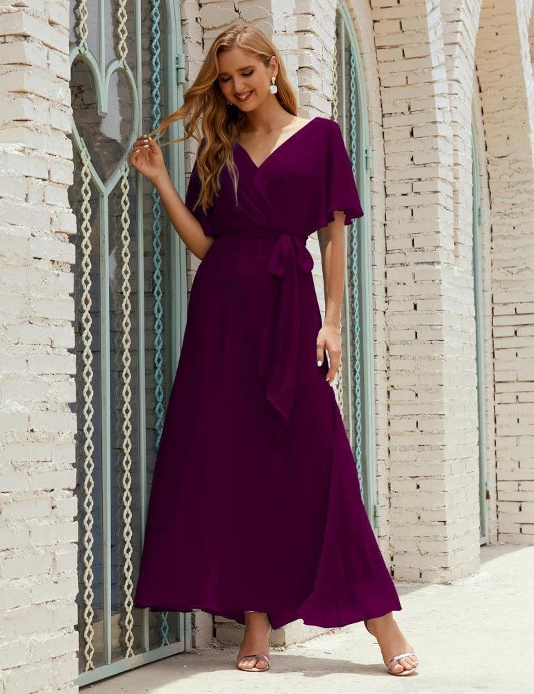 Numbersea V-Neck Bridesmaid Dress Long Formal Dresses with Belt for 28022 by numbersea