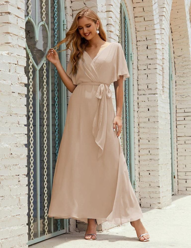 Numbersea V-Neck Bridesmaid Dress Long Formal Dresses with Belt for 28022 by numbersea