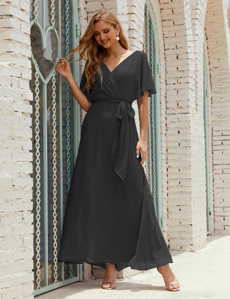 Numbersea V-Neck Bridesmaid Dress Long Formal Dresses with Belt for 28022 by numbersea