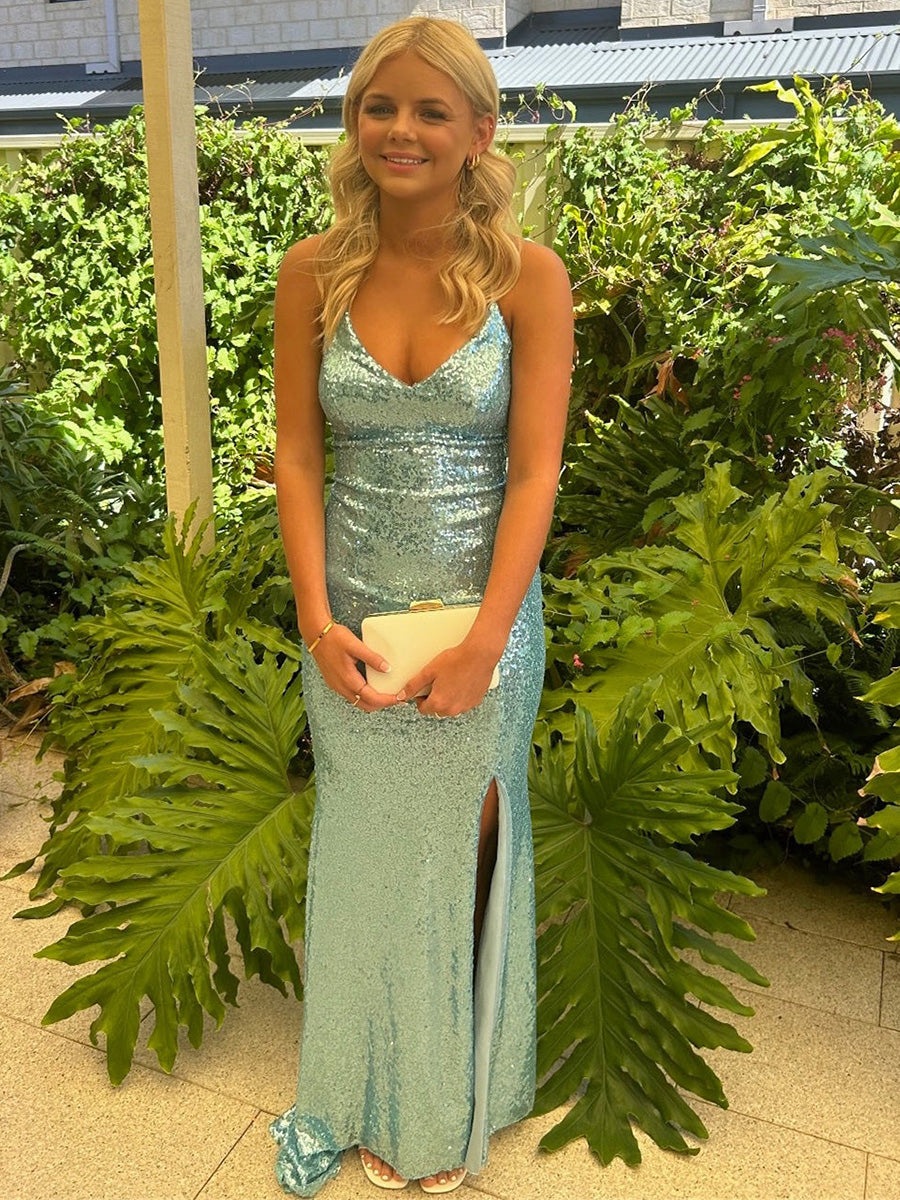 V-Neck Mint Sequin Mermaid Long Prom Dress with Slit - VelvetHem